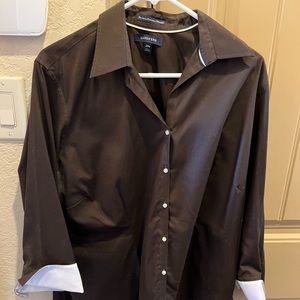 Chocolate brown button-down with white cuffs